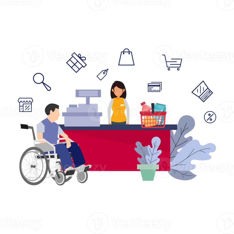 handicap gebruik makend van rolstoelen gaan winkelen. met kar en Kassa. element vlak ontwerp voor web of sociaal media sjabloon post banier png