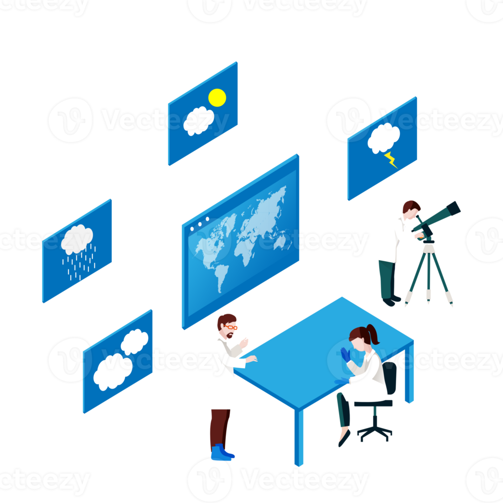 Climate Change Isometric background design withscientists researching and climate infographic png