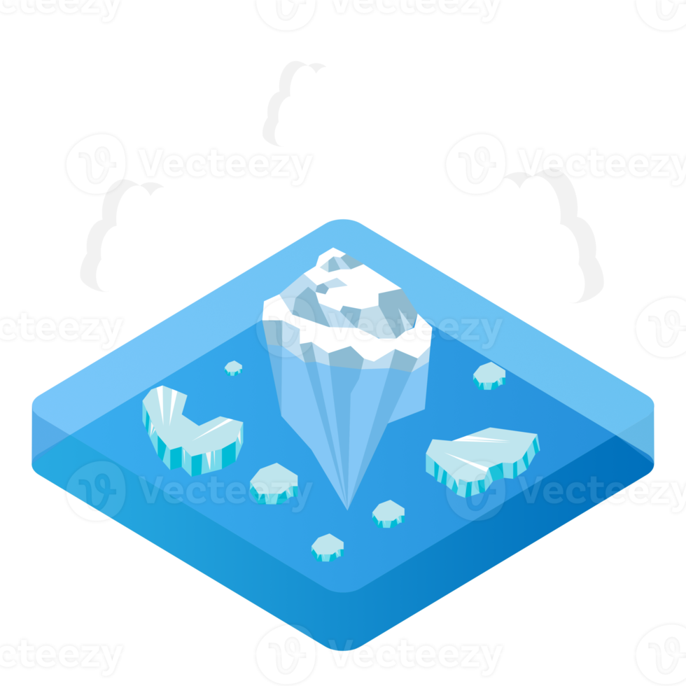 fond isométrique du changement climatique avec de la neige glacée sur la mer et les nuages png