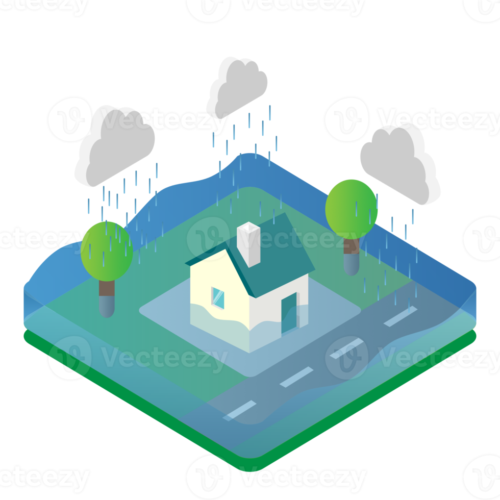 fundo isométrico de mudança climática com casa na água, grama verde, árvore e chuva de nuvens png