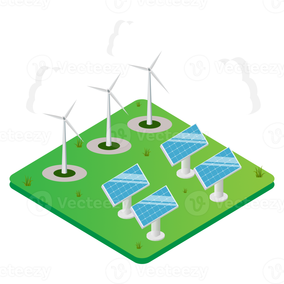 Renewable Energy isometric green gradient background with solar panel, windmill, and cloud png