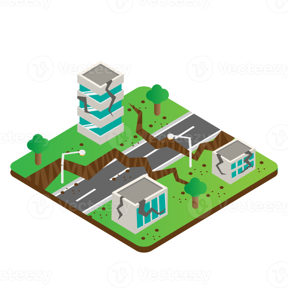 Earthquakes disasters graident isometric background with crack building, lamp, tree, crack ground, and stone png