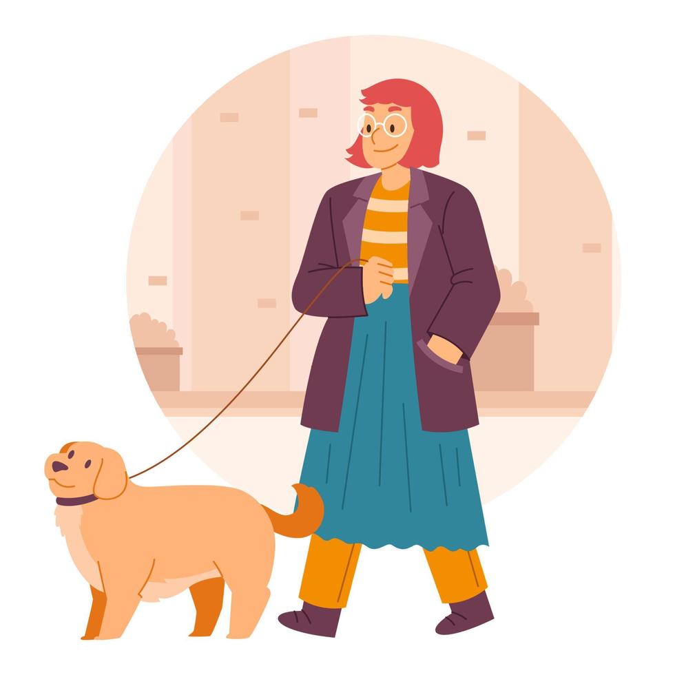 Young Girl Walking with Dog on the Street vector