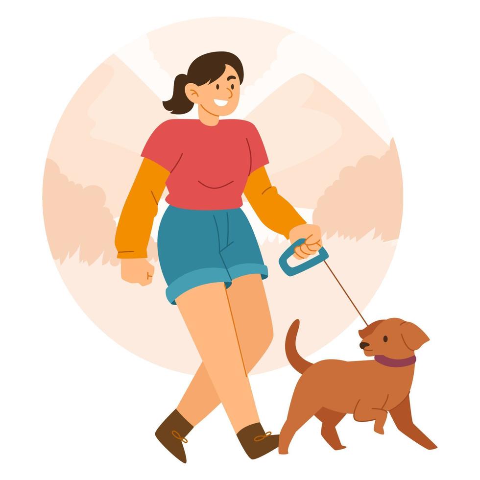 niña caminando con perro en el jardín vector