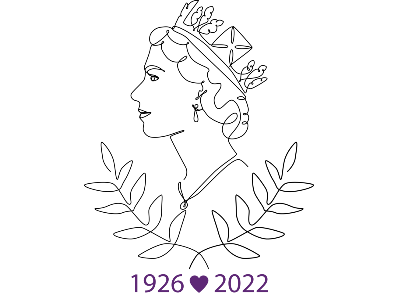 The Queen's Platinum Jubilee celebration background with side profile of Queen Elizabeth in crown. Continuous line art or One Line Drawing png