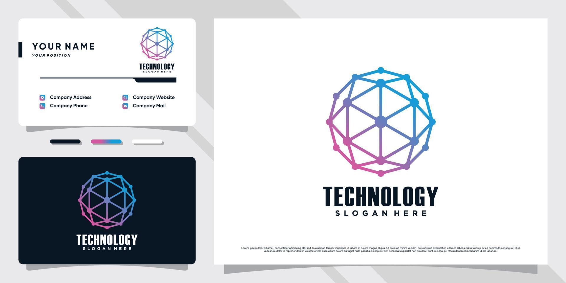 Network technology logo design illustration with hexagon element and business card template vector