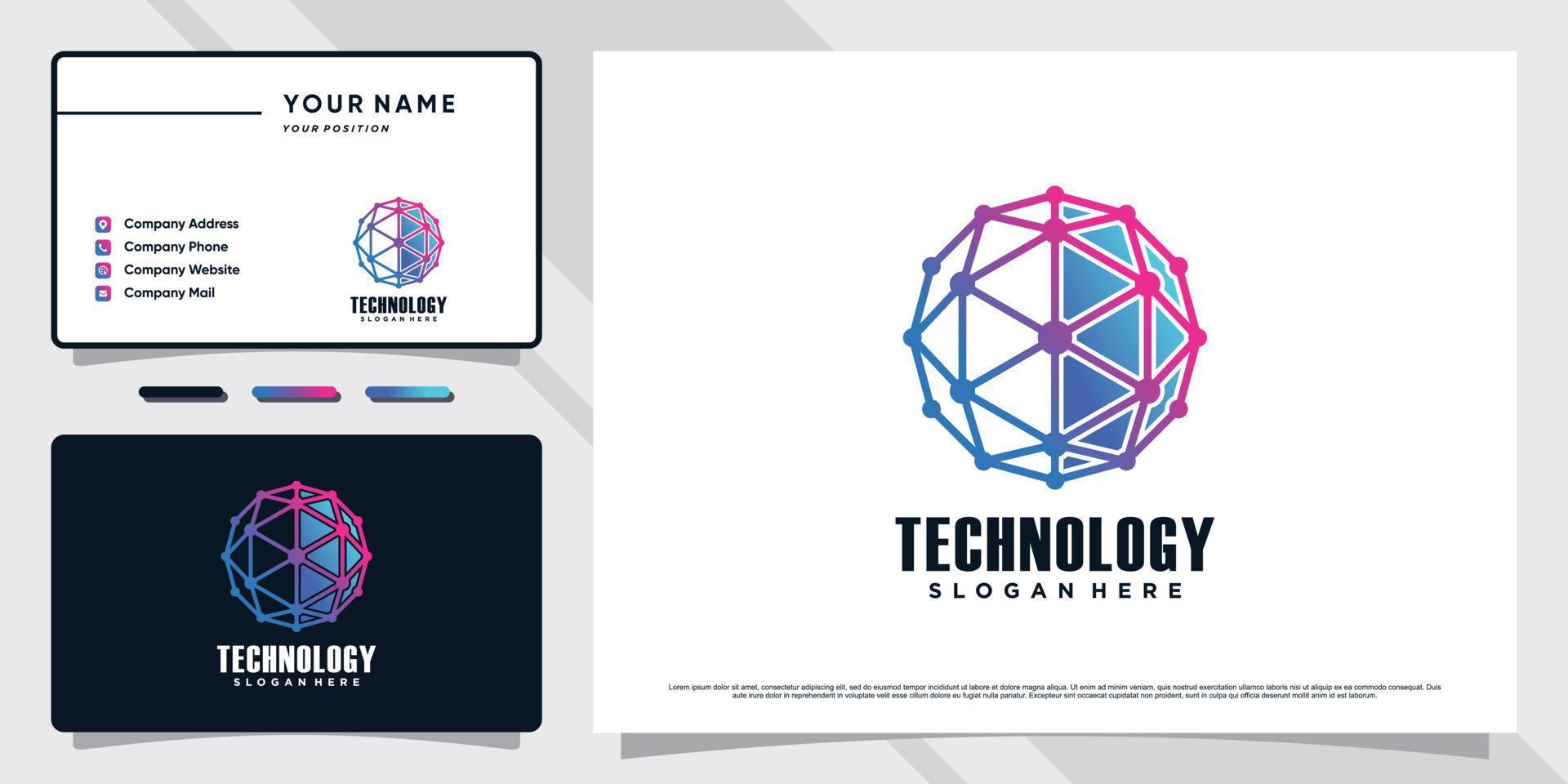 Network technology logo design illustration with hexagon element and business card template vector