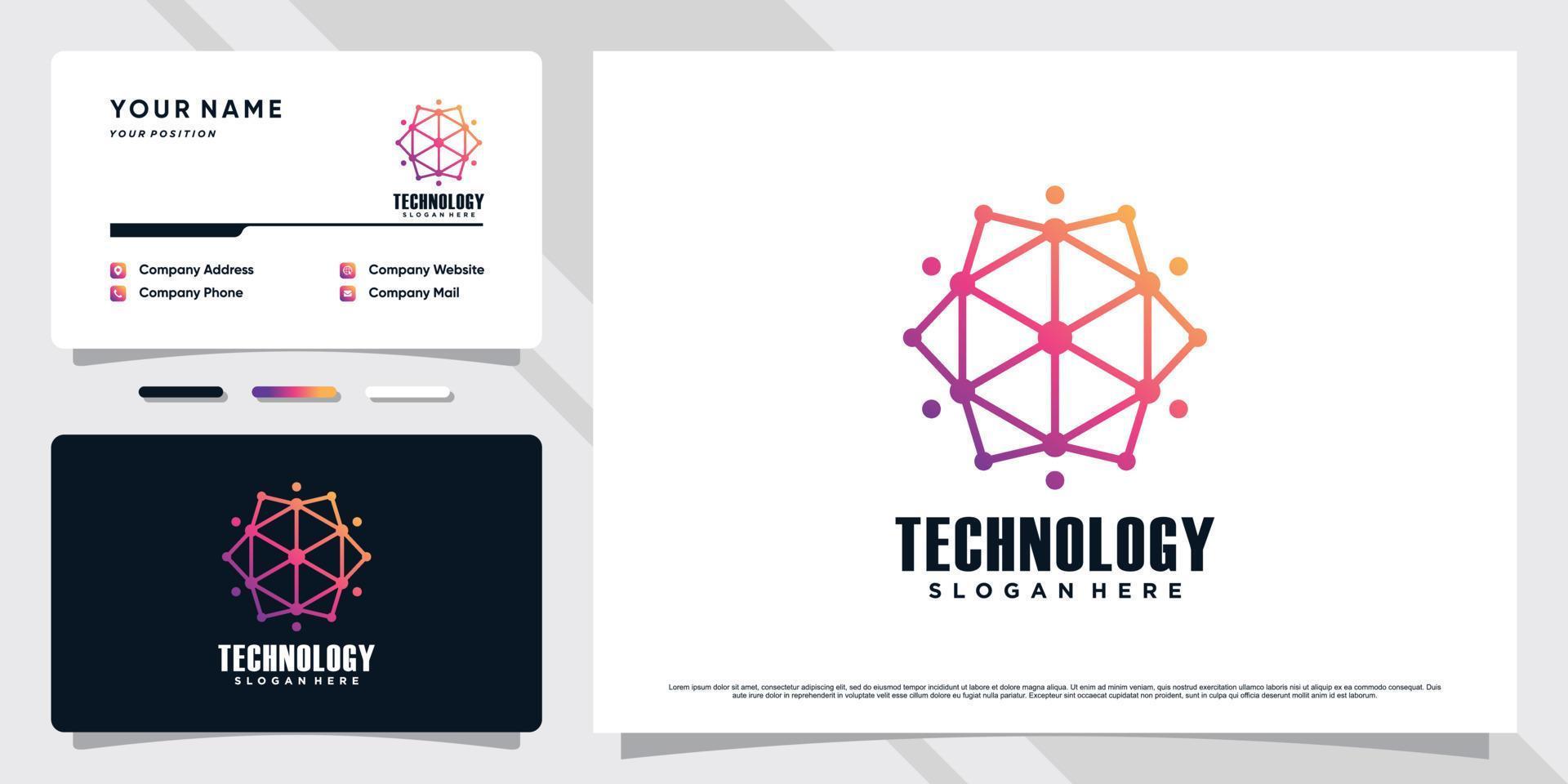 Network technology logo design illustration with hexagon element and business card template vector