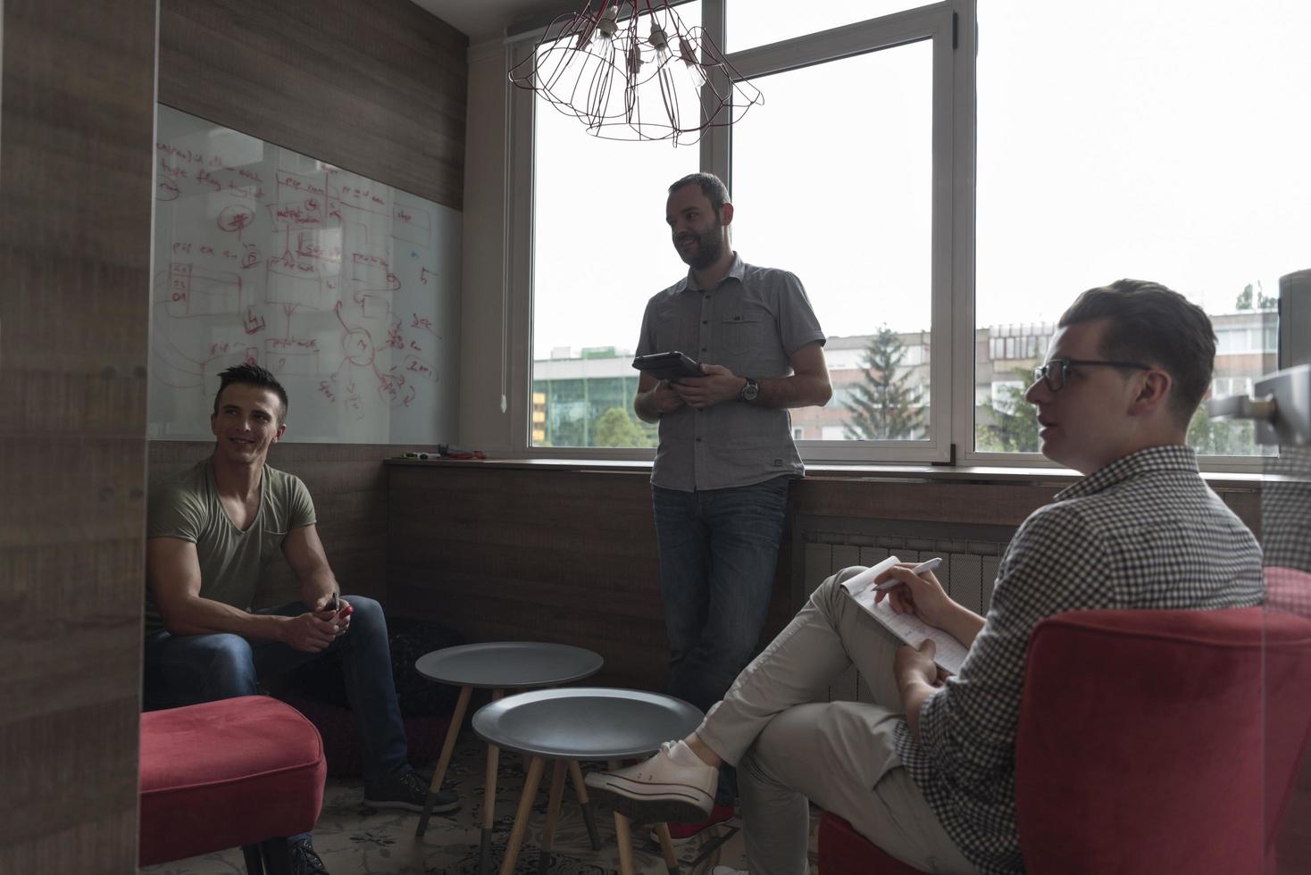 team meeting and brainstorming in small private office photo