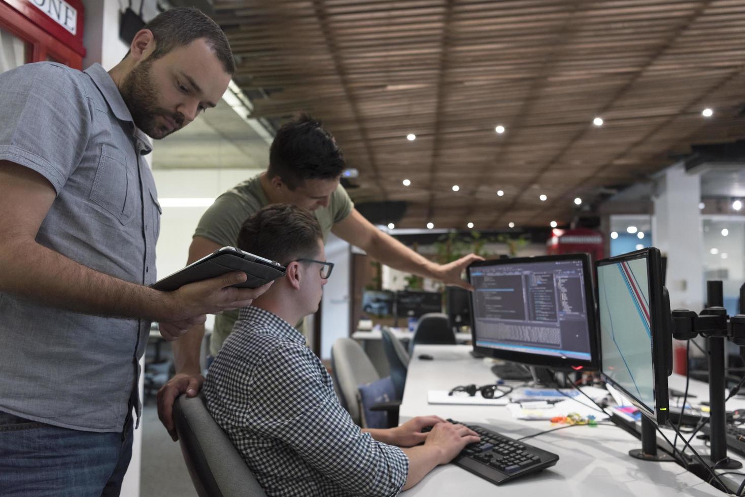 startup business people group working as team to find solution photo