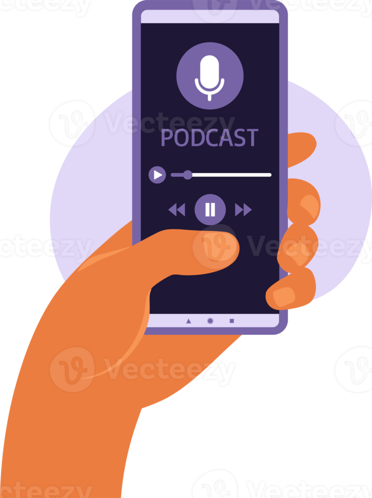 Cell phone app with podcast on screen smartphone. Smartphone in hand. Man listening to podcast or online course. png