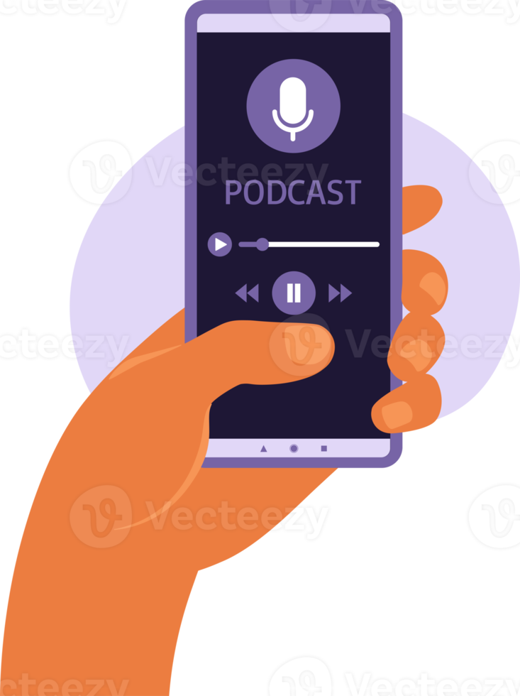 aplicativo de celular com podcast na tela do smartphone. smartphone na mão. homem ouvindo podcast ou curso online. png
