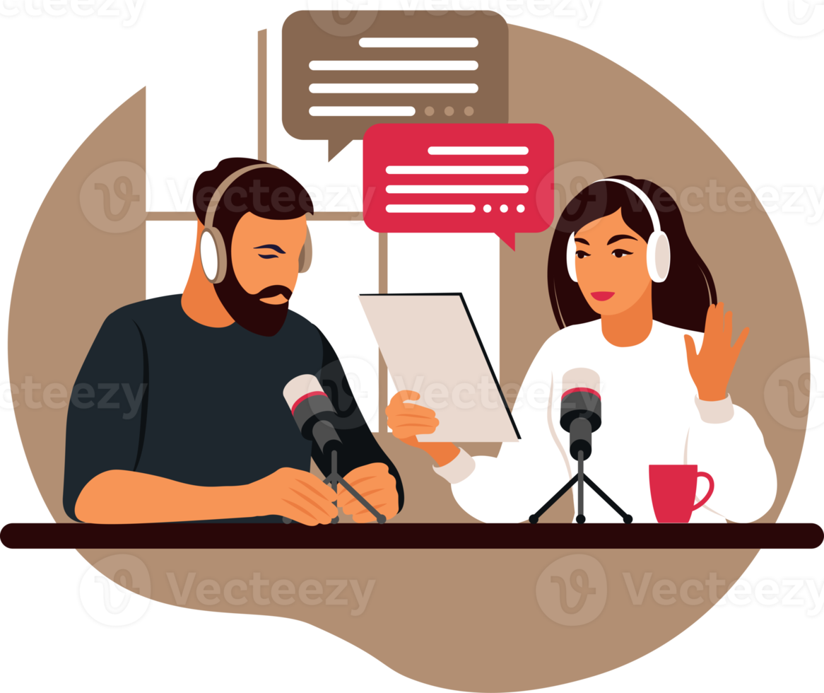 People recording podcast in studio flat vector illustration. Podcaster talking to microphone recording podcast in studio. Radio host with table. png