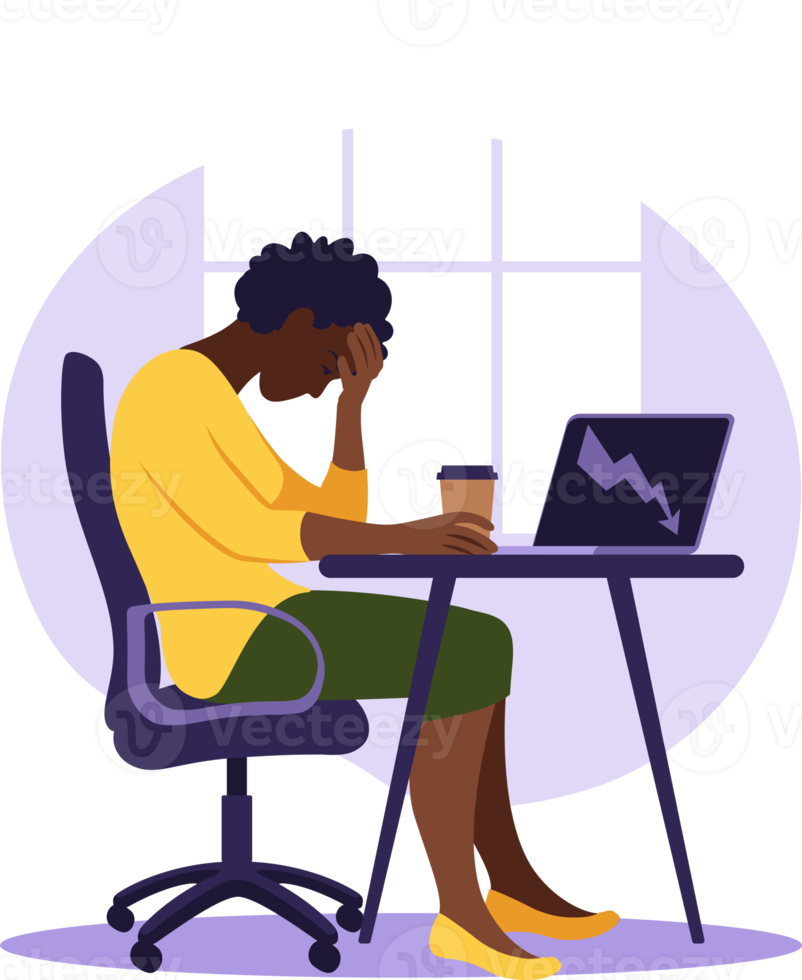 Professional burnout syndrome. Illustration tired african female office worker sitting at the table. Frustrated worker, mental health problems. png