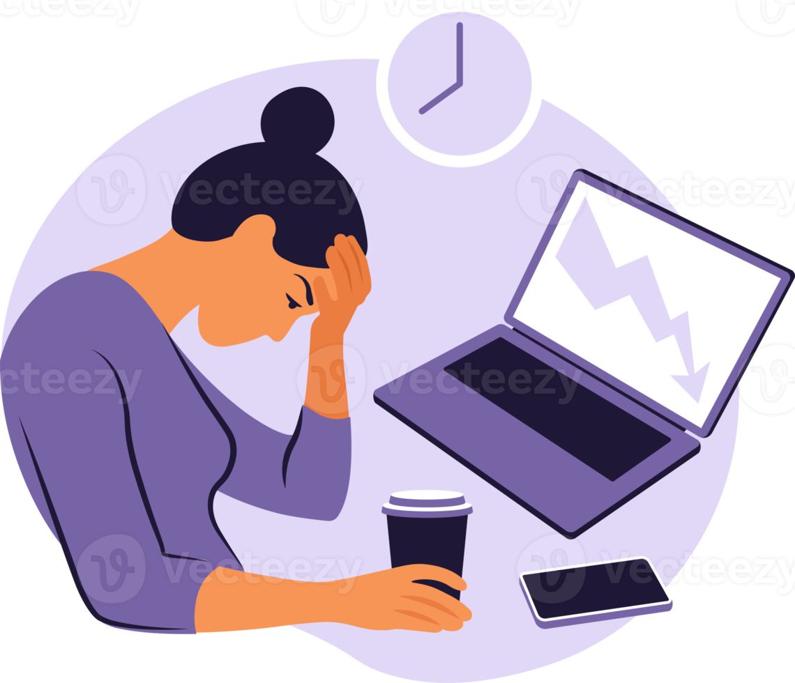 Professional burnout syndrome. Illustration tired female office worker sitting at the table. Frustrated worker, mental health problems. png