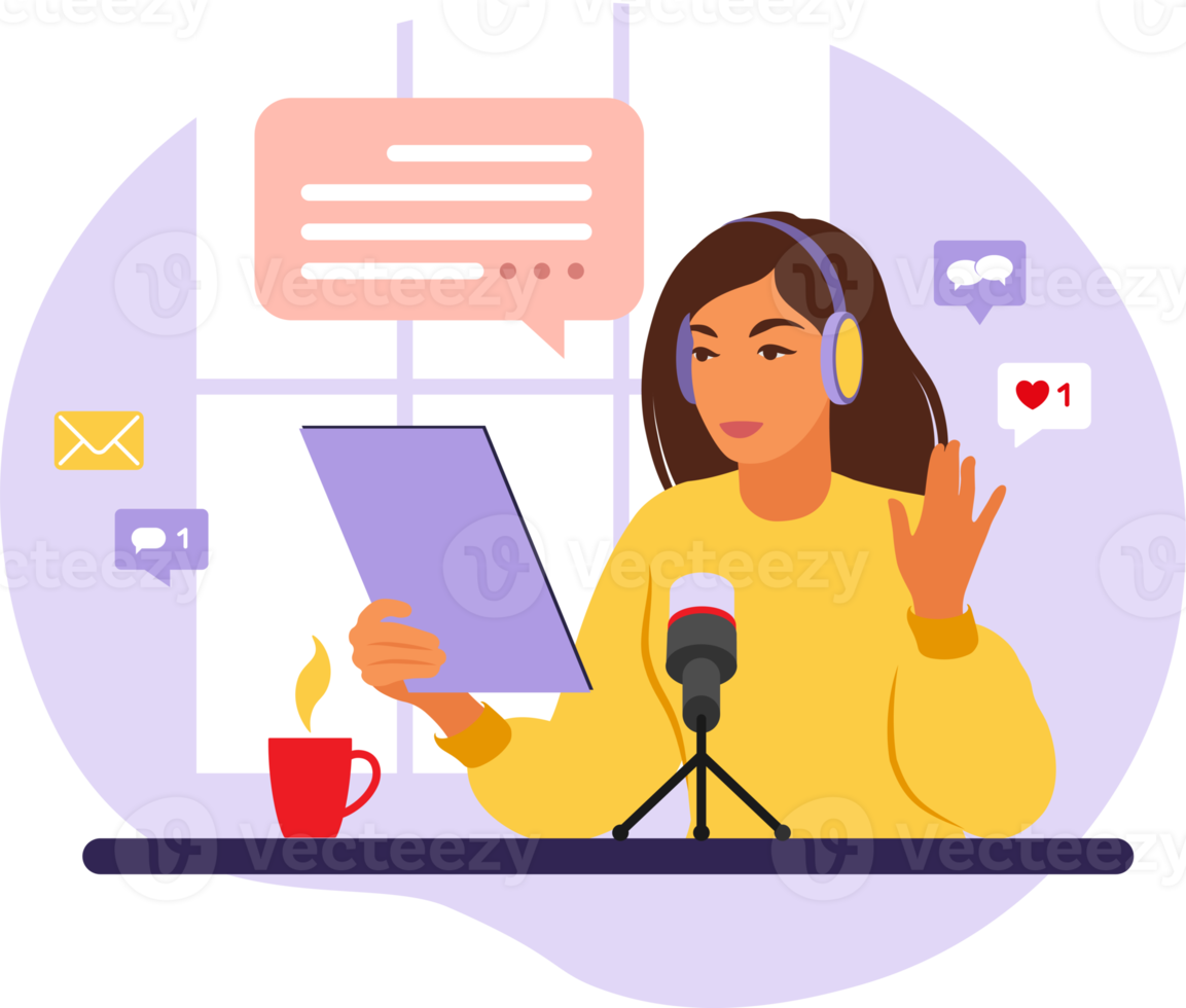 Female podcaster talking to microphone recording podcast in studio. Radio host with table. png