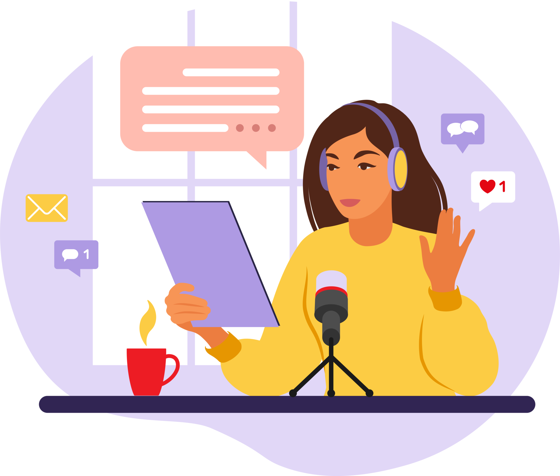 Female Podcaster Talking To Microphone Recording Podcast In Studio 