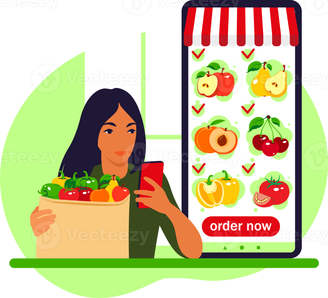 Online food order. Grocery delivery. Woman shop at an online store. The product catalog on the web browser page. Stay at home concept. Quarantine or self-isolation. png