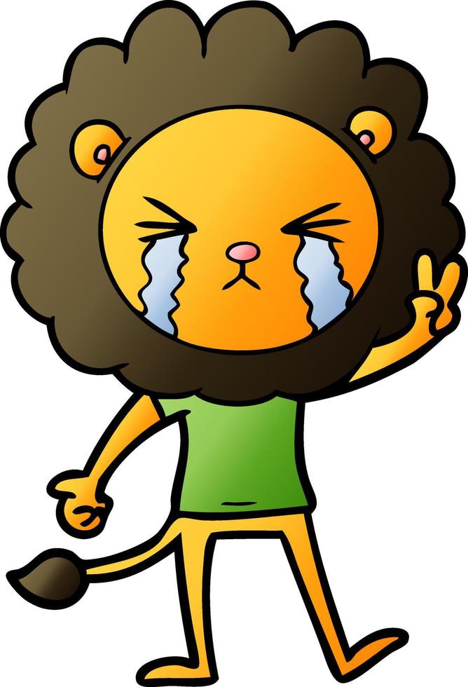 cartoon crying lion giving peace sign vector