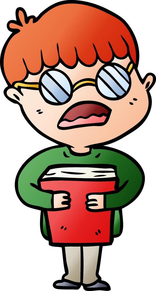cartoon boy hugging book wearing spectacles vector