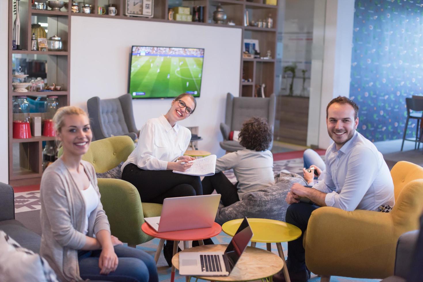 Startup Business Team At A Meeting at modern office building photo