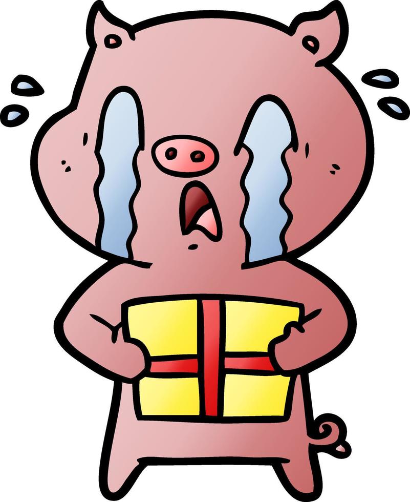 crying pig cartoon delivering christmas present vector