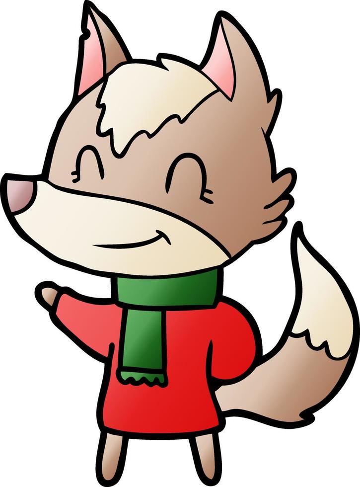 friendly cartoon wolf in winter clothes vector