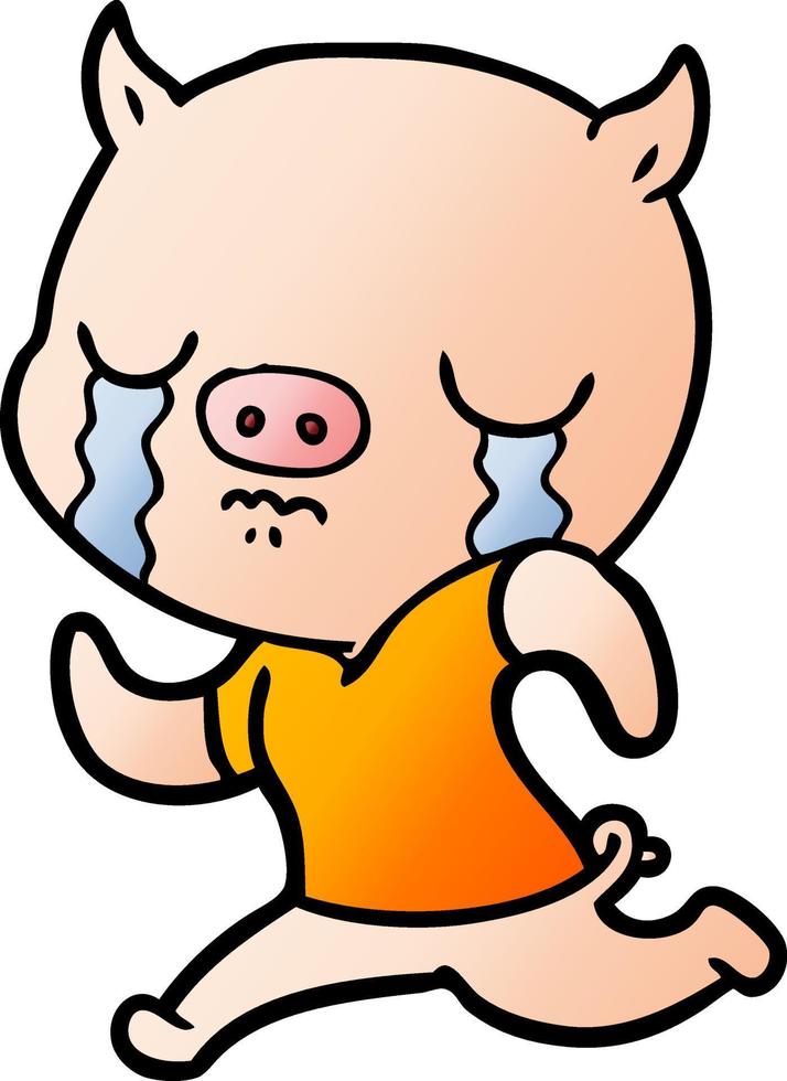 cartoon pig crying running away vector