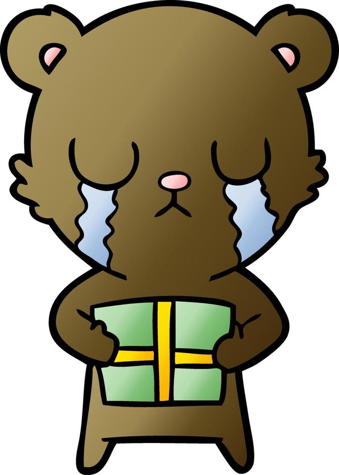 crying cartoon bear with present vector