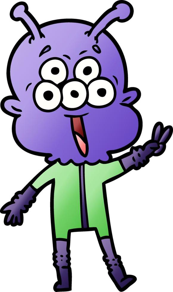 happy cartoon alien waving peace gesture vector