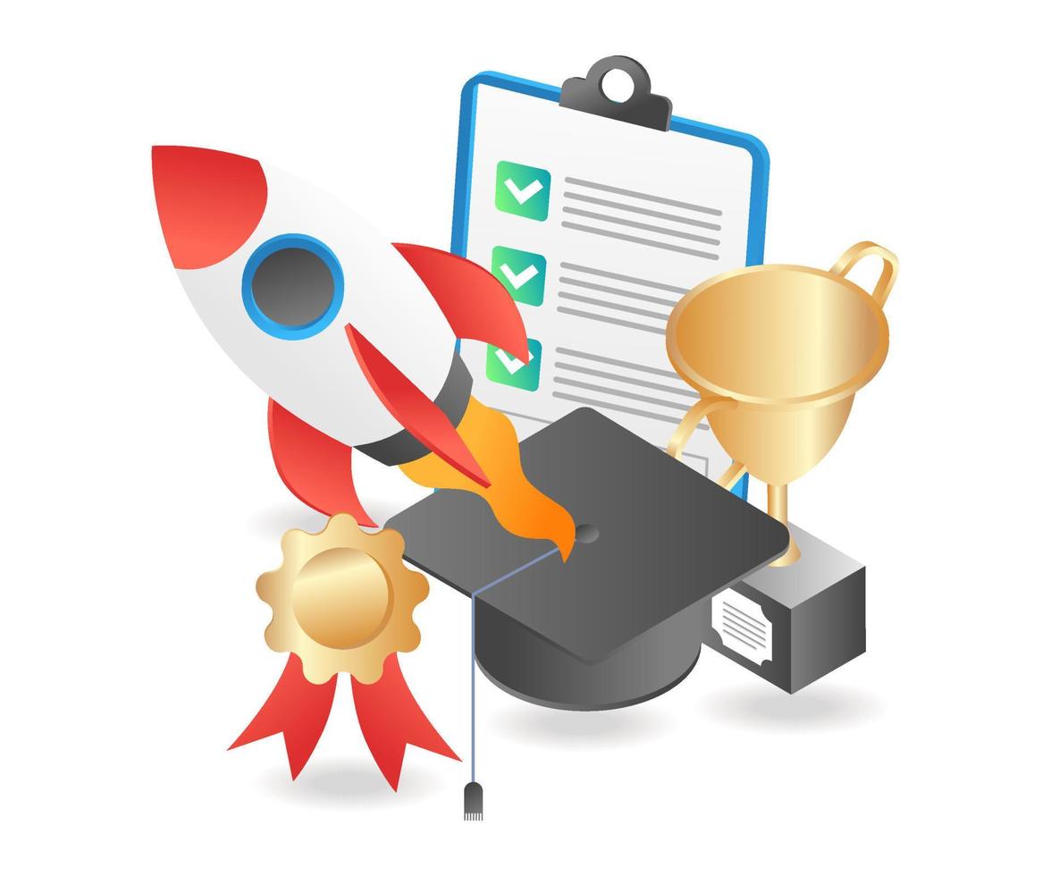 Student graduation with rocket launch vector
