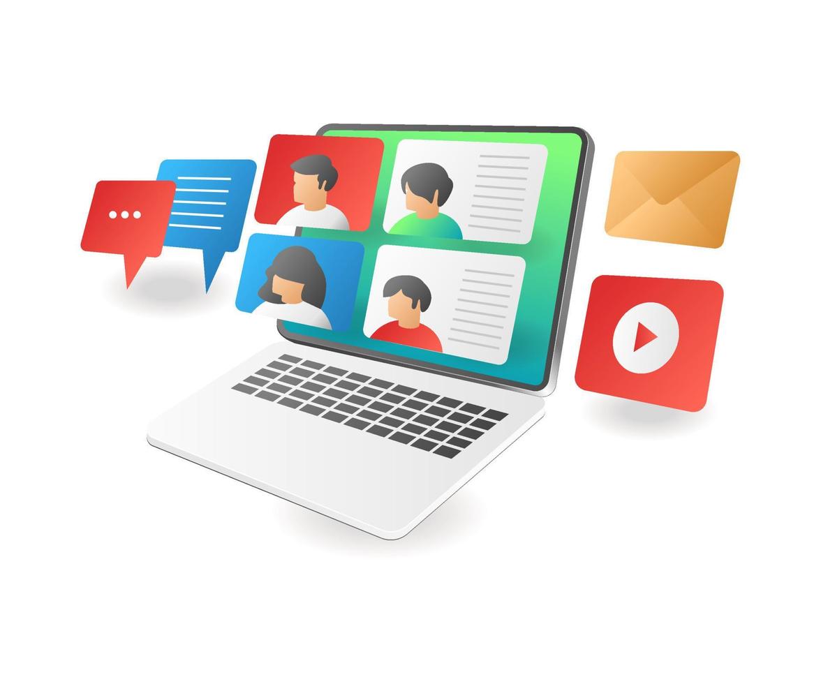 conversación virtual con laptop vector