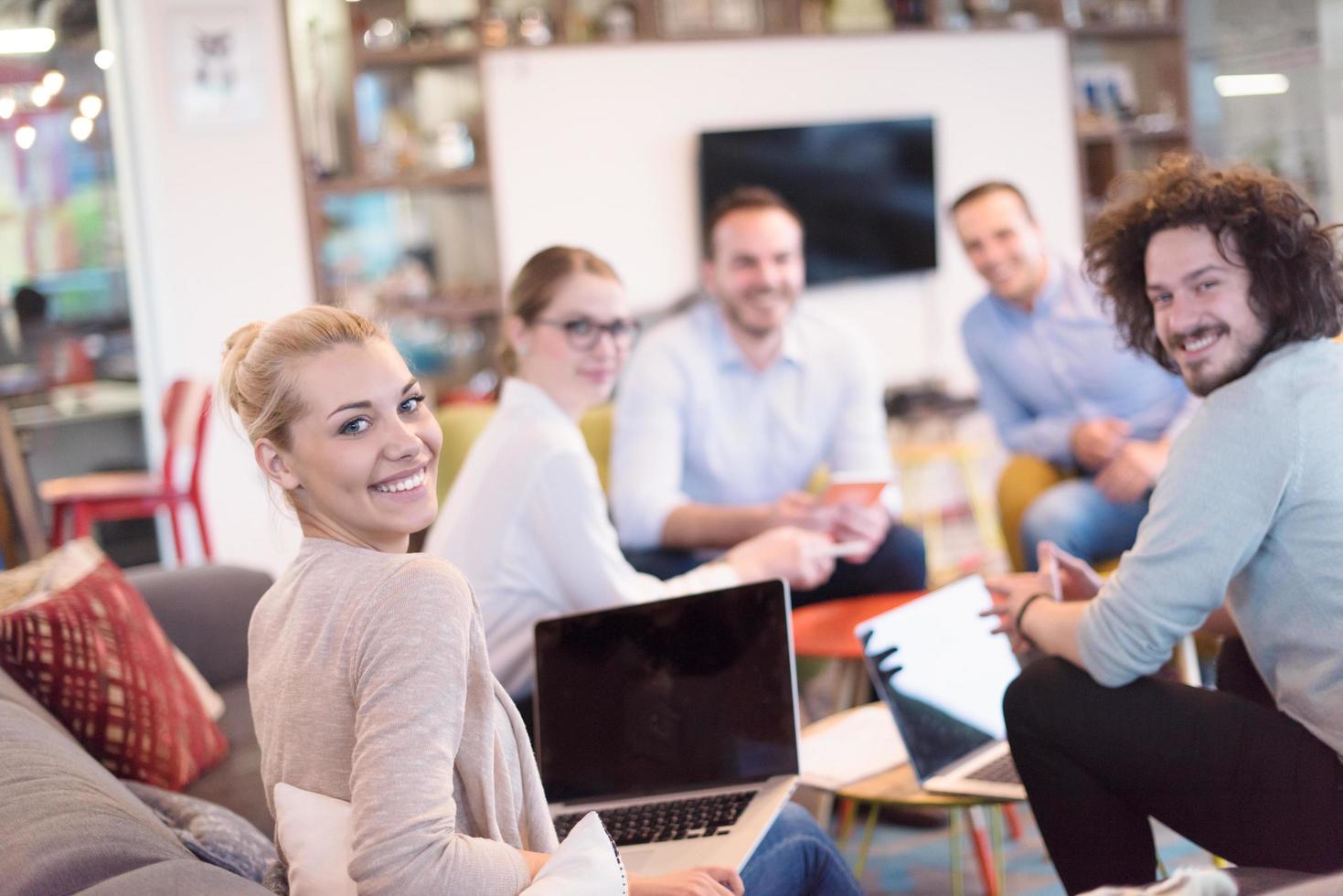 Startup Business Team At A Meeting at modern office building photo