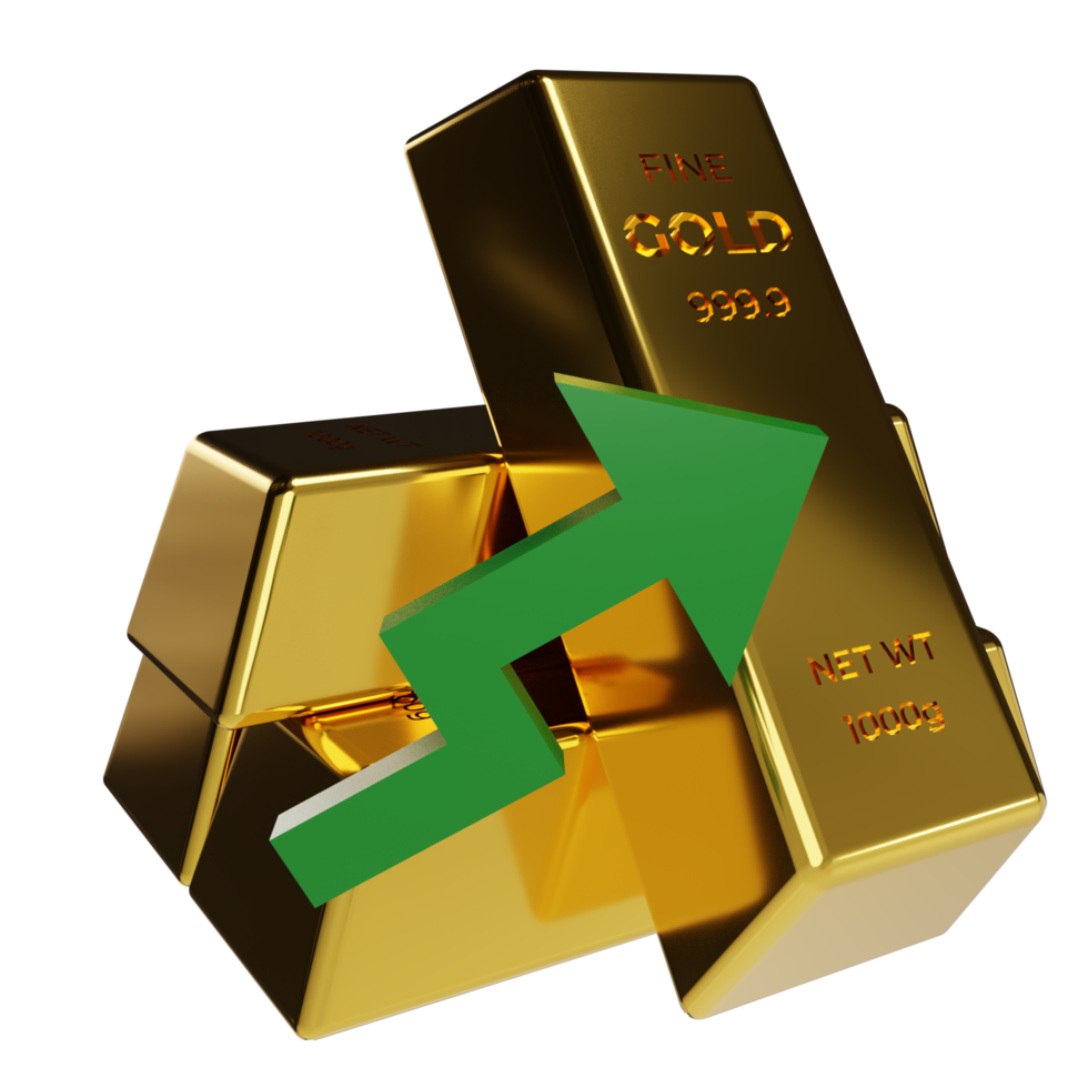 3d goud edelmetaal en groen pijl omhoog, goud markt prijs concept is omhoog of duur png