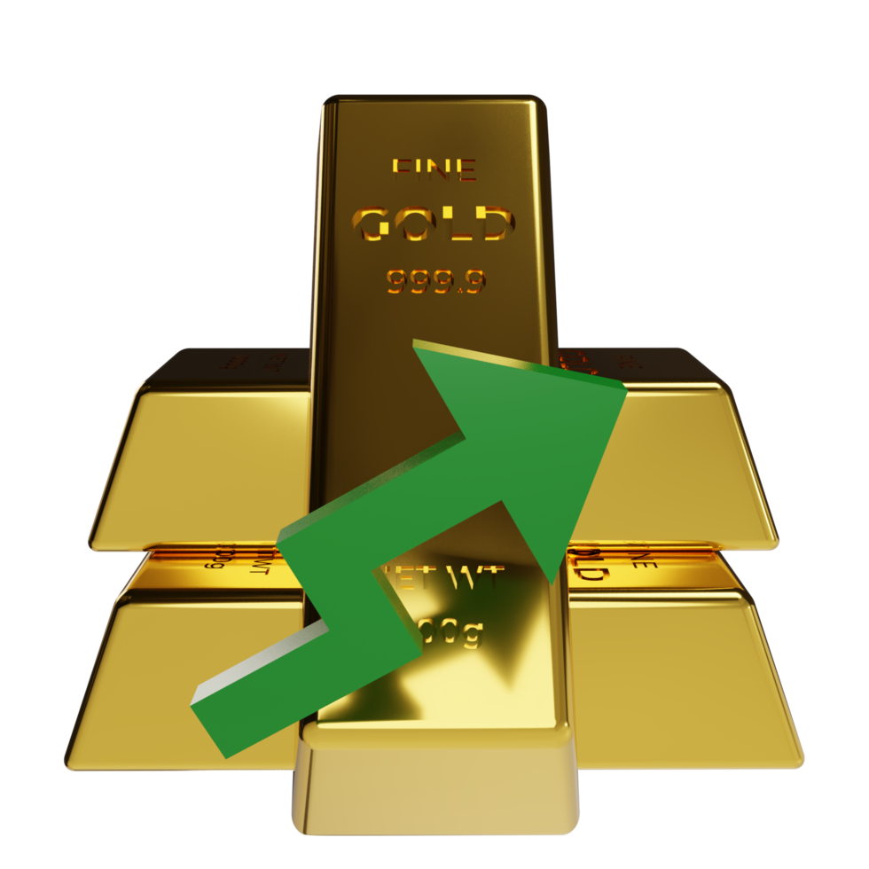 Lingots d'or 3d et flèche verte vers le haut, le concept de prix du marché de l'or est en hausse ou cher png