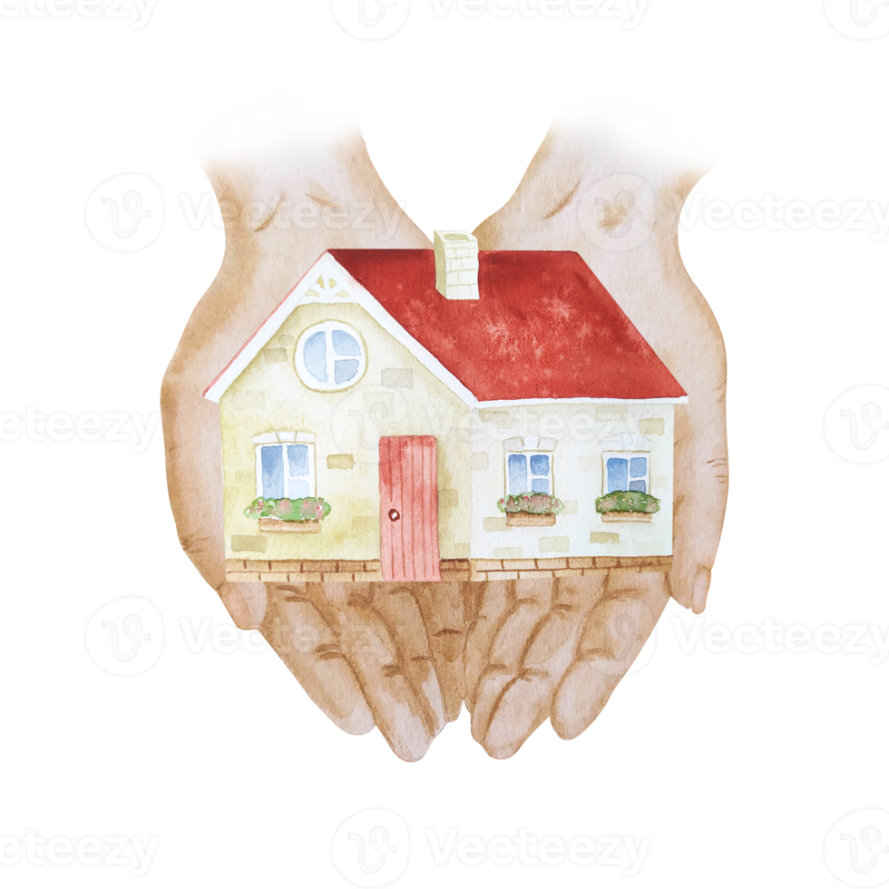 Watercolor house in hands png