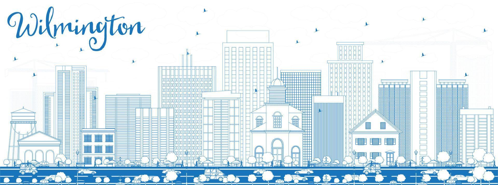 delinear el horizonte de wilmington con edificios azules. vector