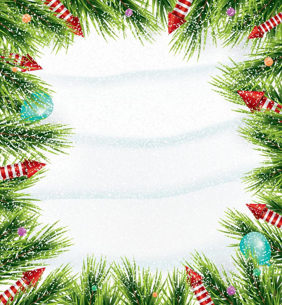 Christmas background with white snowflake, pine branch and red rockets. vector