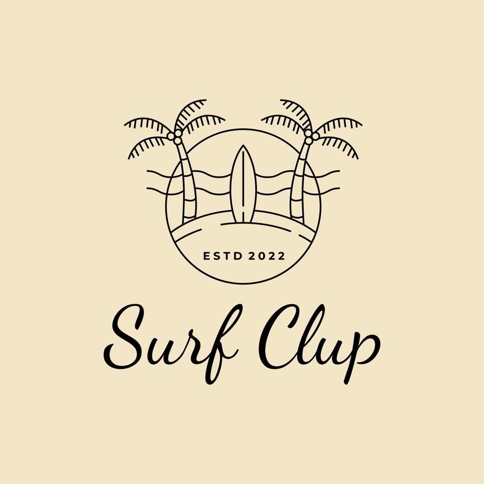 tabla de surf con plantilla de ilustración de vector de diseño de arte de línea de logotipo de insignia de club de surf