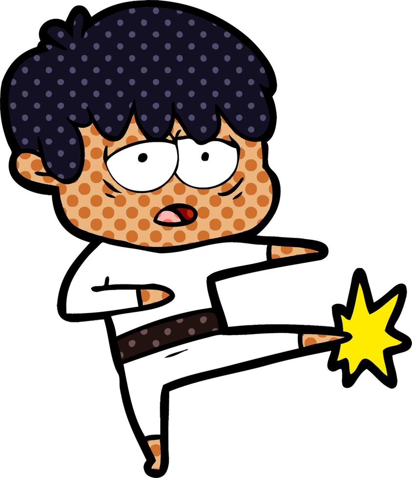 cartoon exhausted boy doing karate vector