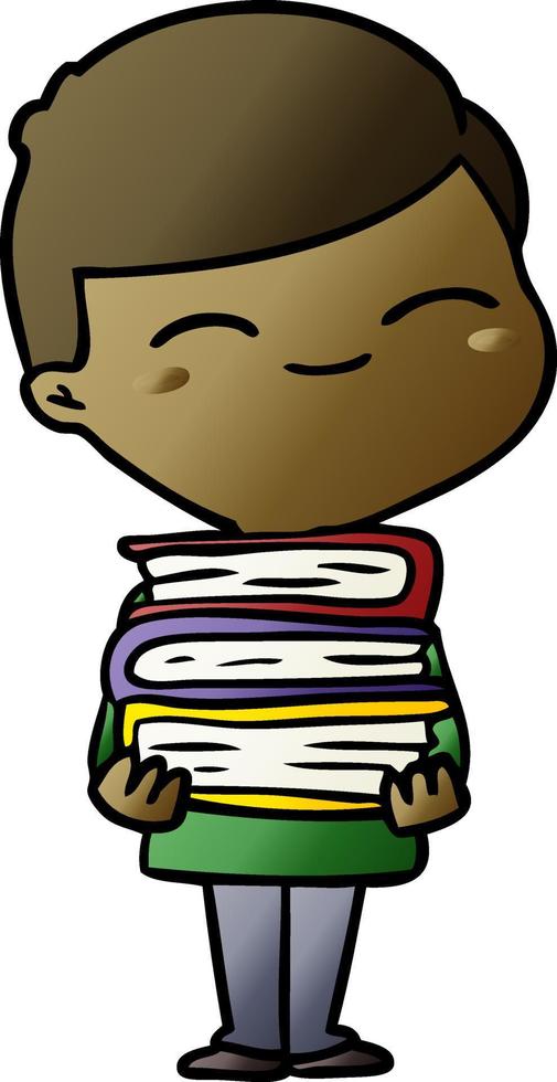 cartoon smiling boy with stack of books vector