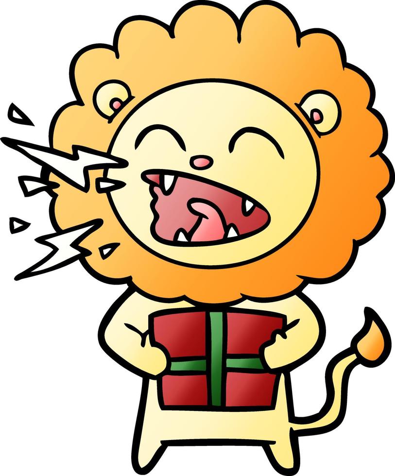 cartoon roaring lion with gift vector