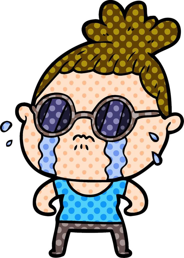 cartoon crying woman wearing sunglasses vector