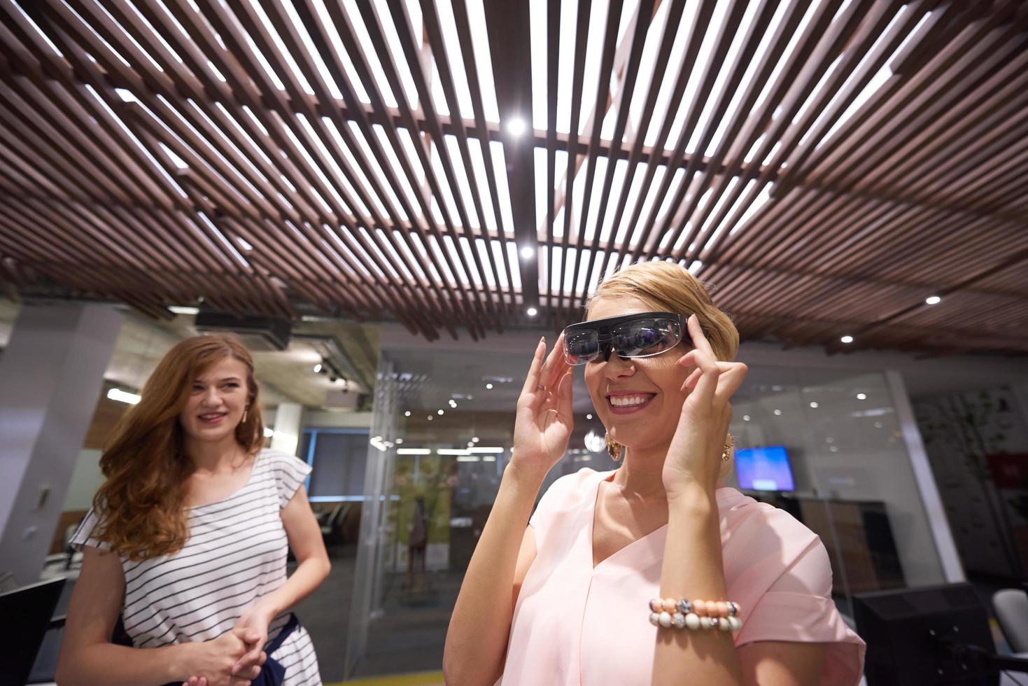 man using virtual reality gadget computer glasses photo