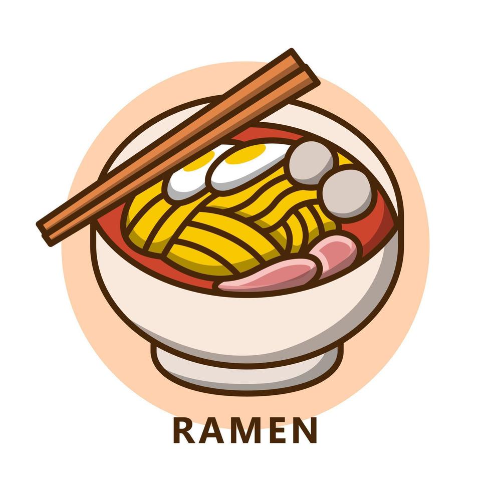 dibujos animados de ilustración de fideos ramen. logotipo de comida y bebida. ícono de comida japonesa. símbolo de cuenco y palillos vector