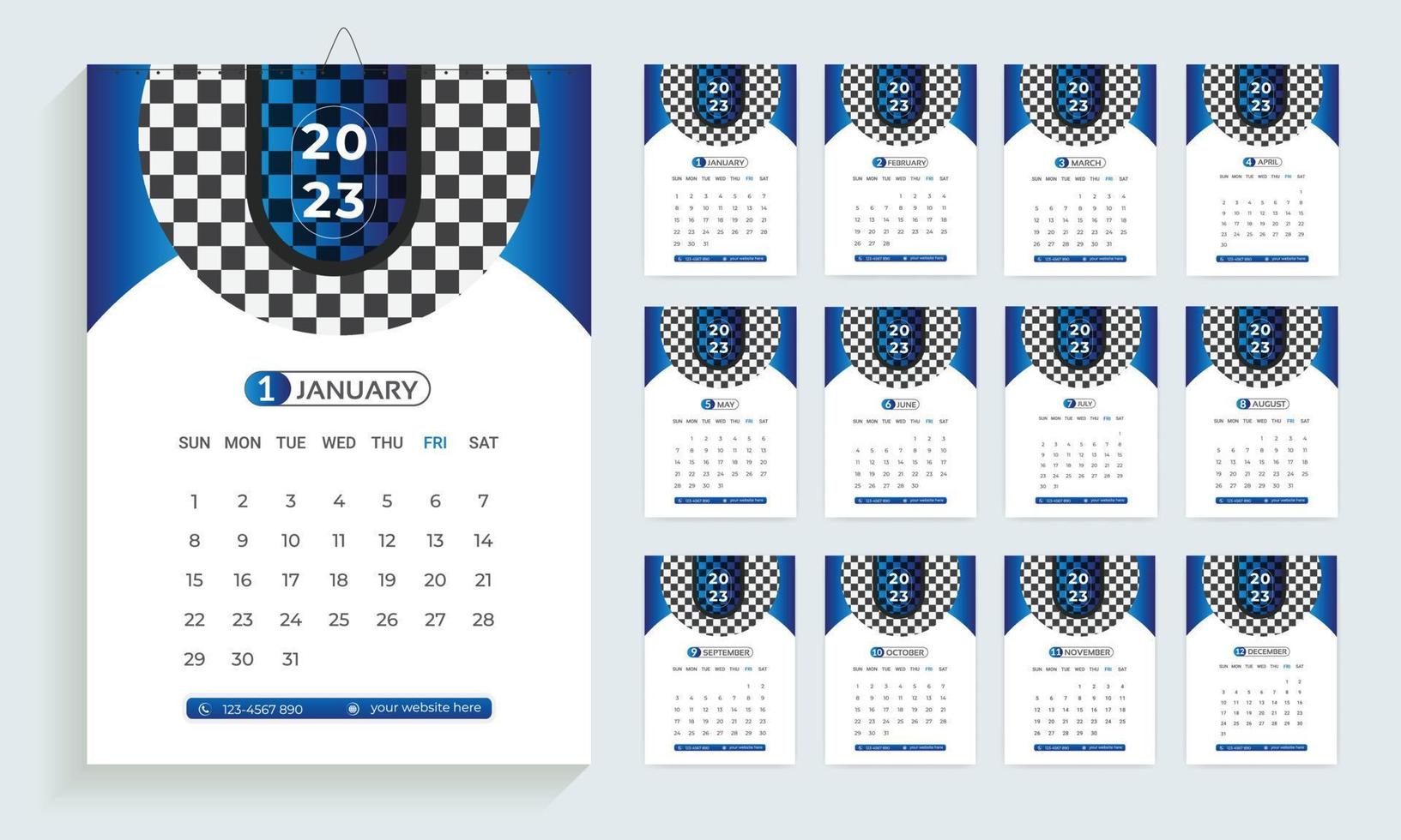 2023 calendar design template, planner in modern clean style, business or office calendar.  English wall calendar layout for the new year. vector