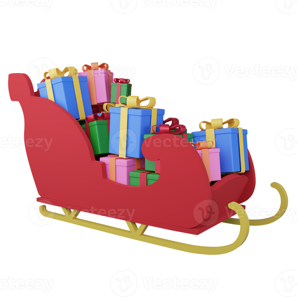 rendu 3d plusieurs cadeaux en traîneau de noël isolé sur fond transparent png