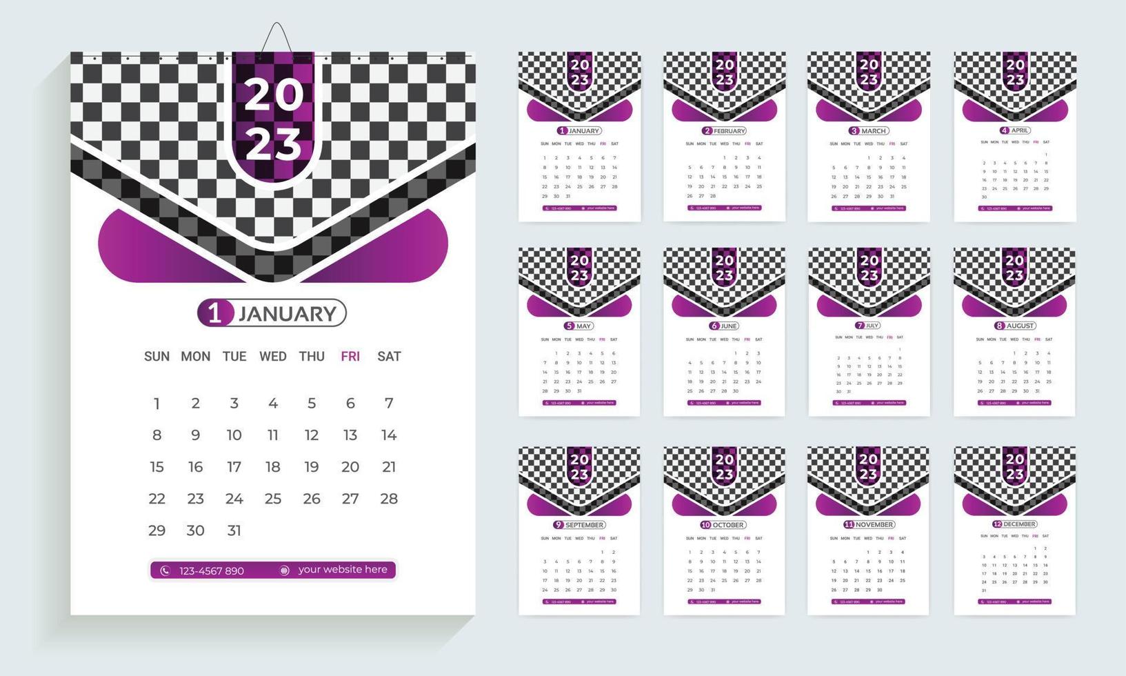 2023 calendar design template, planner in modern clean style, business or office calendar.  English wall calendar layout for the new year. vector