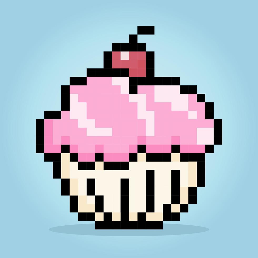 Pixel 8 bit cupcake. Food dishes in vector illustrations.