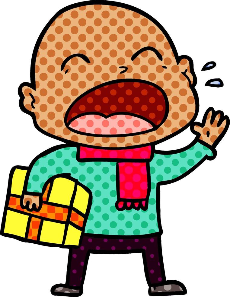 cartoon shouting bald man with present vector
